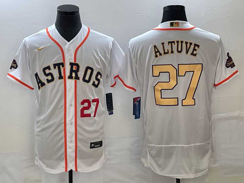 Mens Houston Astros #27 Jose Altuve Number 2023 White Gold World Serise Champions Patch Flex Base Stitched MLB Jersey